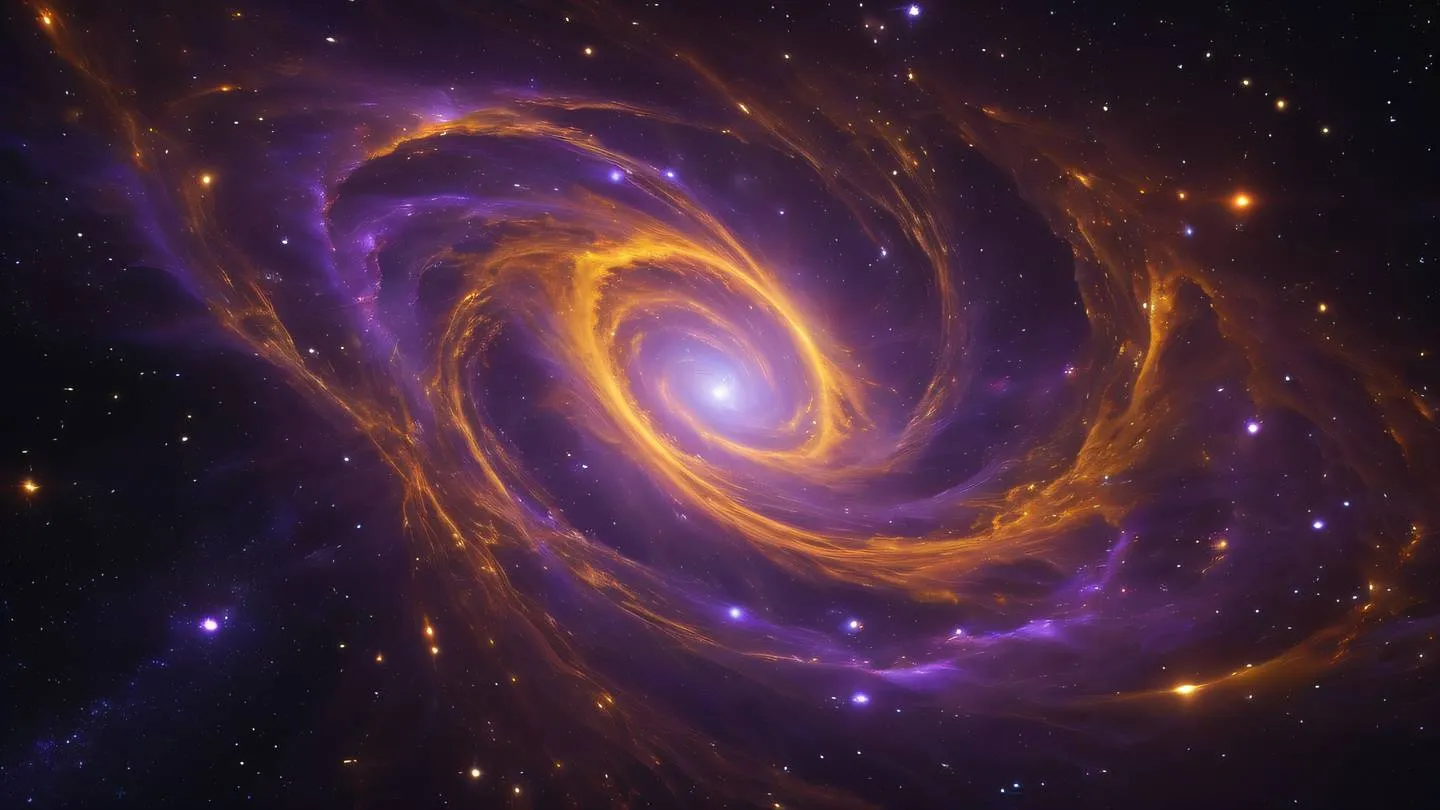 A cosmic nebula swirling with bright amber and purple energy streams featuring intricate patterns of interconnected nodes floating in space representing a virtual network high-quality ultra-realistic cinematic 8K UHD high resolution sharp and detail