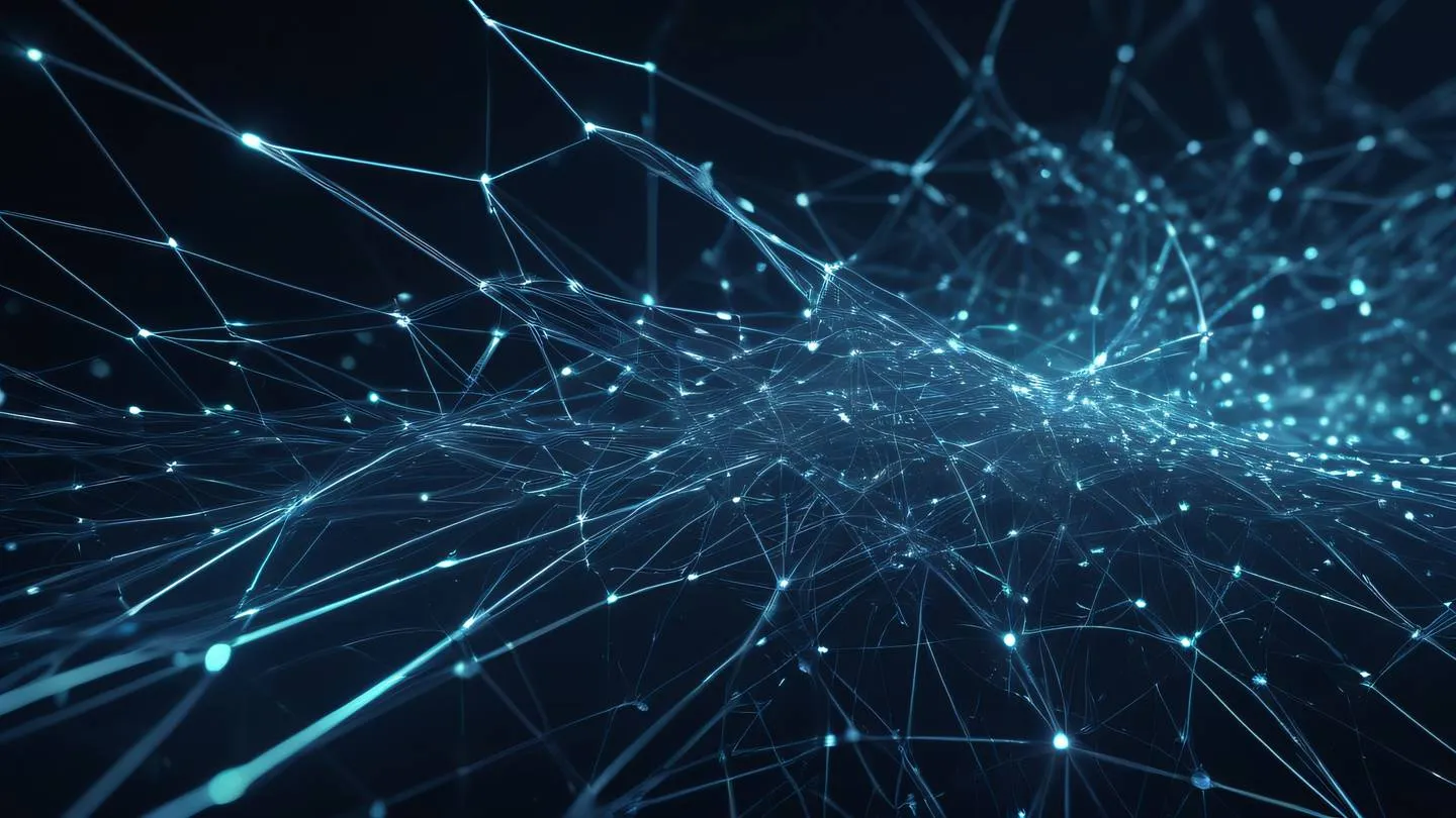 A futuristic network connection visualization with glowing silver and iridescent fiber-optic threads interweaving in abstract patterns against a deep navy background high-quality ultra-realistic cinematic 8K UHD high resolution sharp and detail