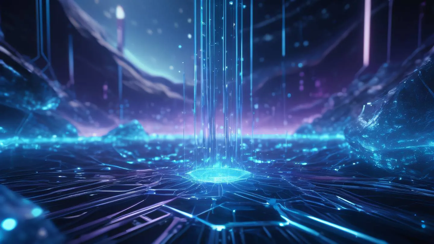 A futuristic cyber network hub with glowing blue and purple energy streams flowing through crystalline structures representing secure data transmission high-quality ultra-realistic cinematic 8K UHD high resolution sharp and detail holographic colors