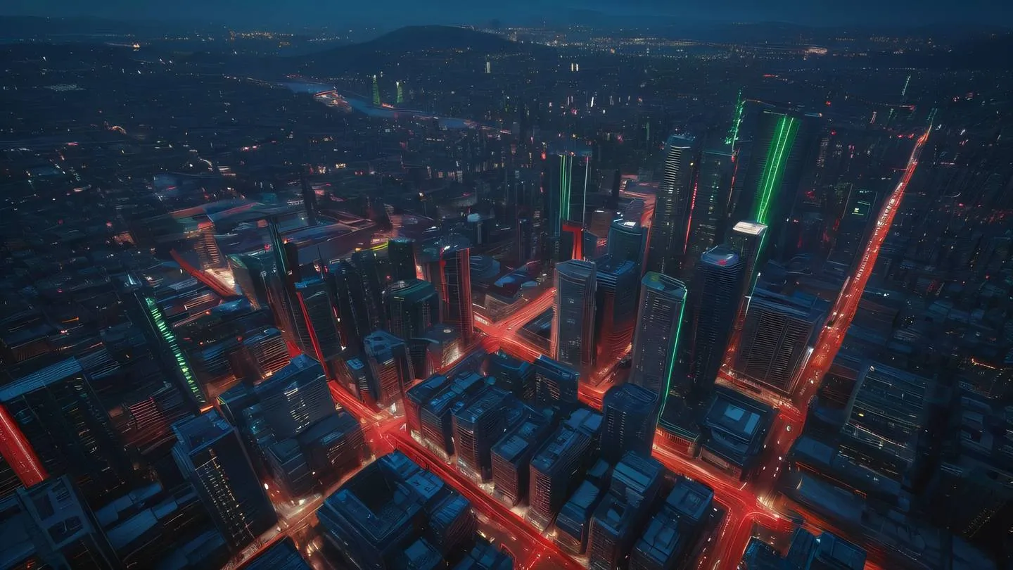 Futuristic cityscape with interconnected buildings glowing with bright red and green energy paths flowing between structures viewed from above during twilight high-quality ultra-realistic cinematic 8K UHD high resolution sharp and detail