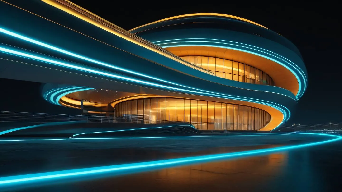 Modern architectural structure with flowing lines and curves illuminated by bright amber and cyan lighting from within set against a stark black background high-quality ultra-realistic cinematic 8K UHD high resolution sharp and detail