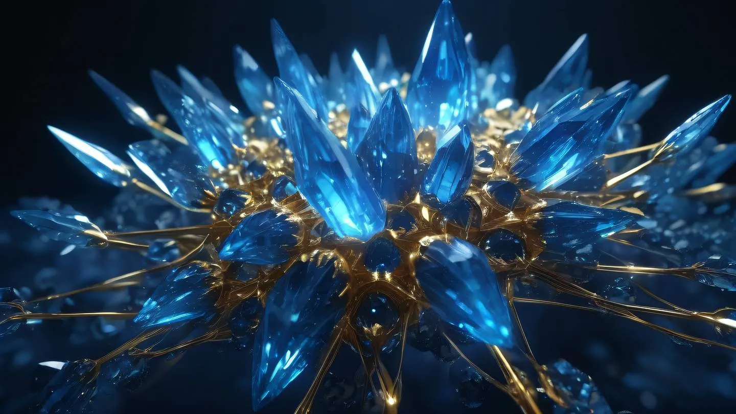 A futuristic network of glowing crystal nodes connected by ethereal light streams featuring brilliant sapphire blue crystals and golden energy pathways against a deep navy background high-quality ultra-realistic cinematic 8K UHD high resolution sharp and detail