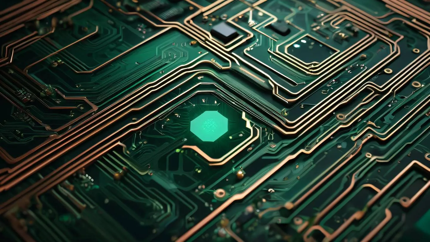 Organic circuit board pattern with flowing energy lines featuring emerald green crystalline structures and bright copper metallic pathways against a black background high-quality ultra-realistic cinematic 8K UHD high resolution sharp and detail