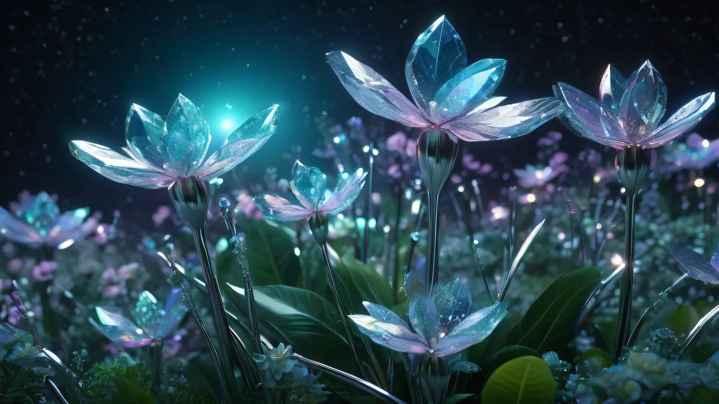 Abstract technological garden with crystalline flowers and geometric patterns featuring iridescent gem-colored petals and metallic silver stems against a deep space background high-quality ultra-realistic cinematic 8K UHD high resolution sharp and detail