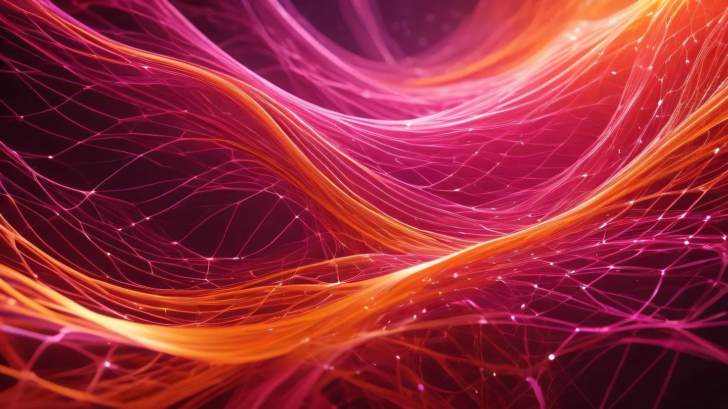 A flowing abstract digital art representing network connectivity with interweaving streams and waves in bright orange and shimmering pink colors showing harmony and connection - ultra-realistic cinematic 8K UHD high resolution sharp and detailed