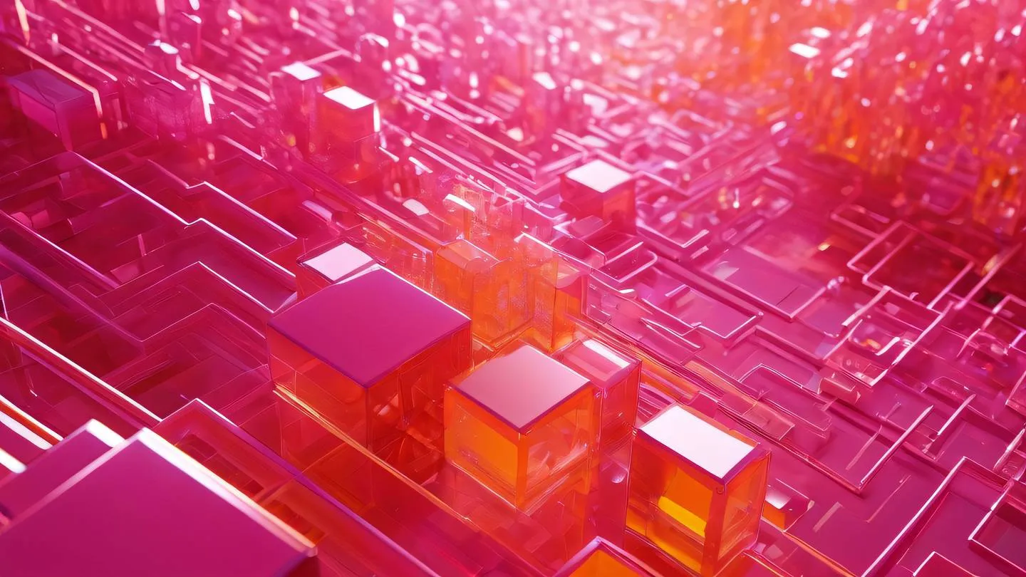 Abstract geometric patterns representing data flow and error states featuring crystalline structures in bright pink and shimmering orange tones - 3D render digital art high-quality ultra-realistic cinematic 8K UHD