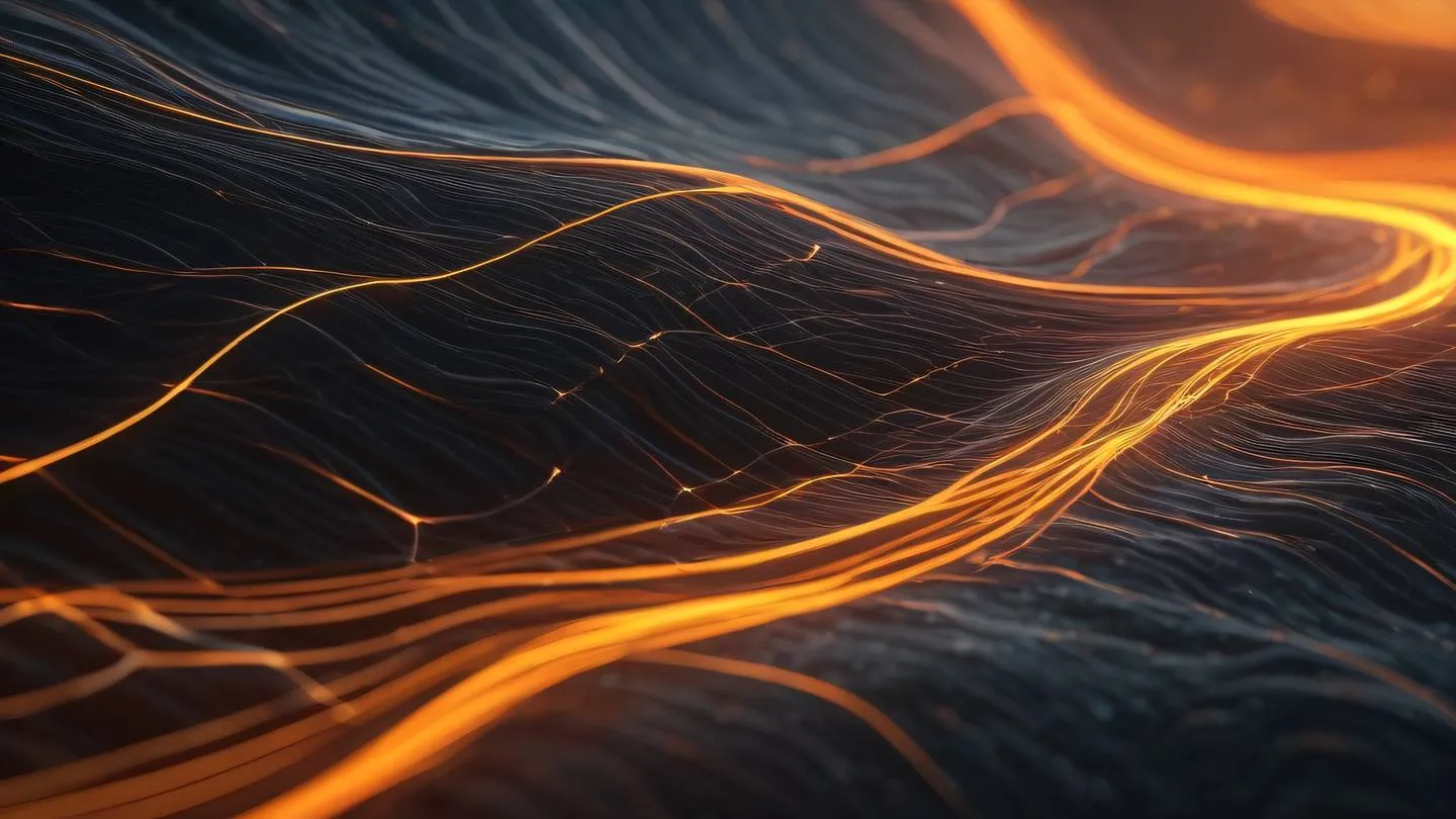 Dynamic flowing lines and particles representing data transmission and reconnection patterns rendered in stone and shimmering orange colors - Concept Digital Painting high-quality ultra-realistic cinematic 8K UHD