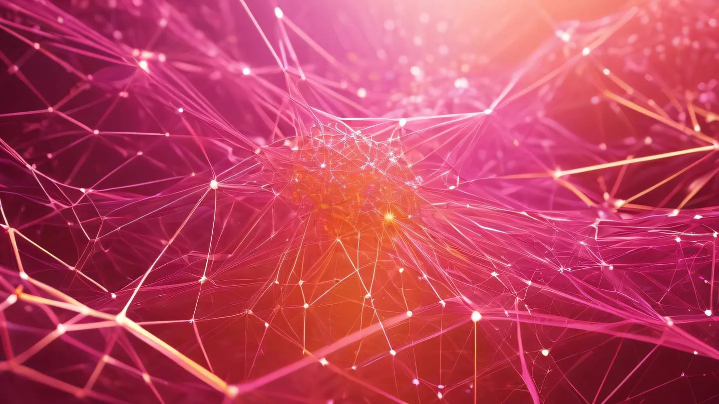 Abstract visualization of network resilience and stability featuring interconnected geometric shapes in pink and shimmering orange colors with flowing energy patterns - 3D render digital art high-quality ultra-realistic cinematic 8K UHD