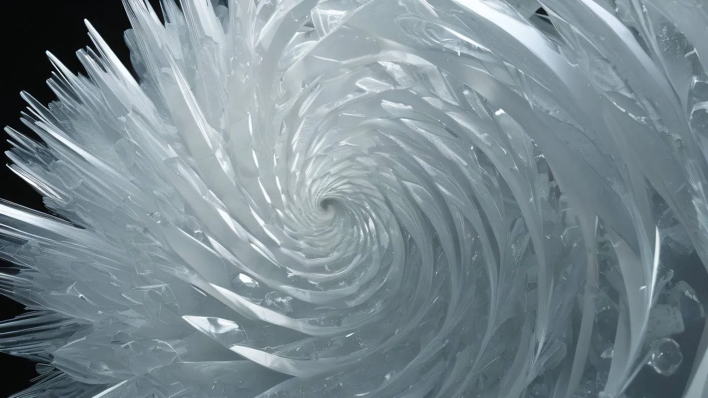 Geometric crystal formations in whisper white and etched glass colors arranged in a spiral pattern captured from a 45-degree angle high-quality ultra-realistic cinematic 8K UHD high resolution sharp and detail