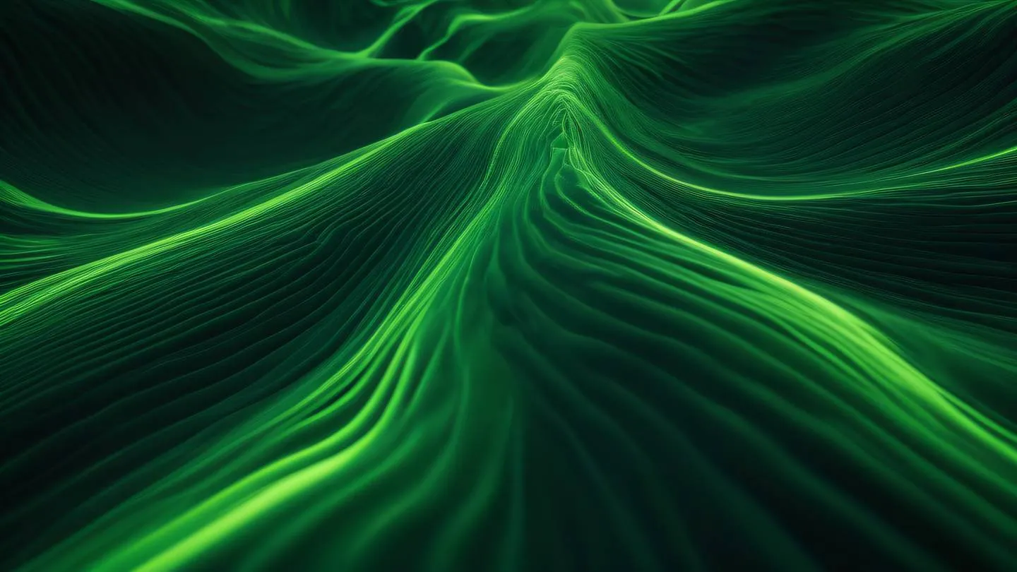 Organic flowing textures in dark green and neon green resembling abstract landscape patterns photographed from a low angle perspective high-quality ultra-realistic cinematic 8K UHD high resolution sharp and detail