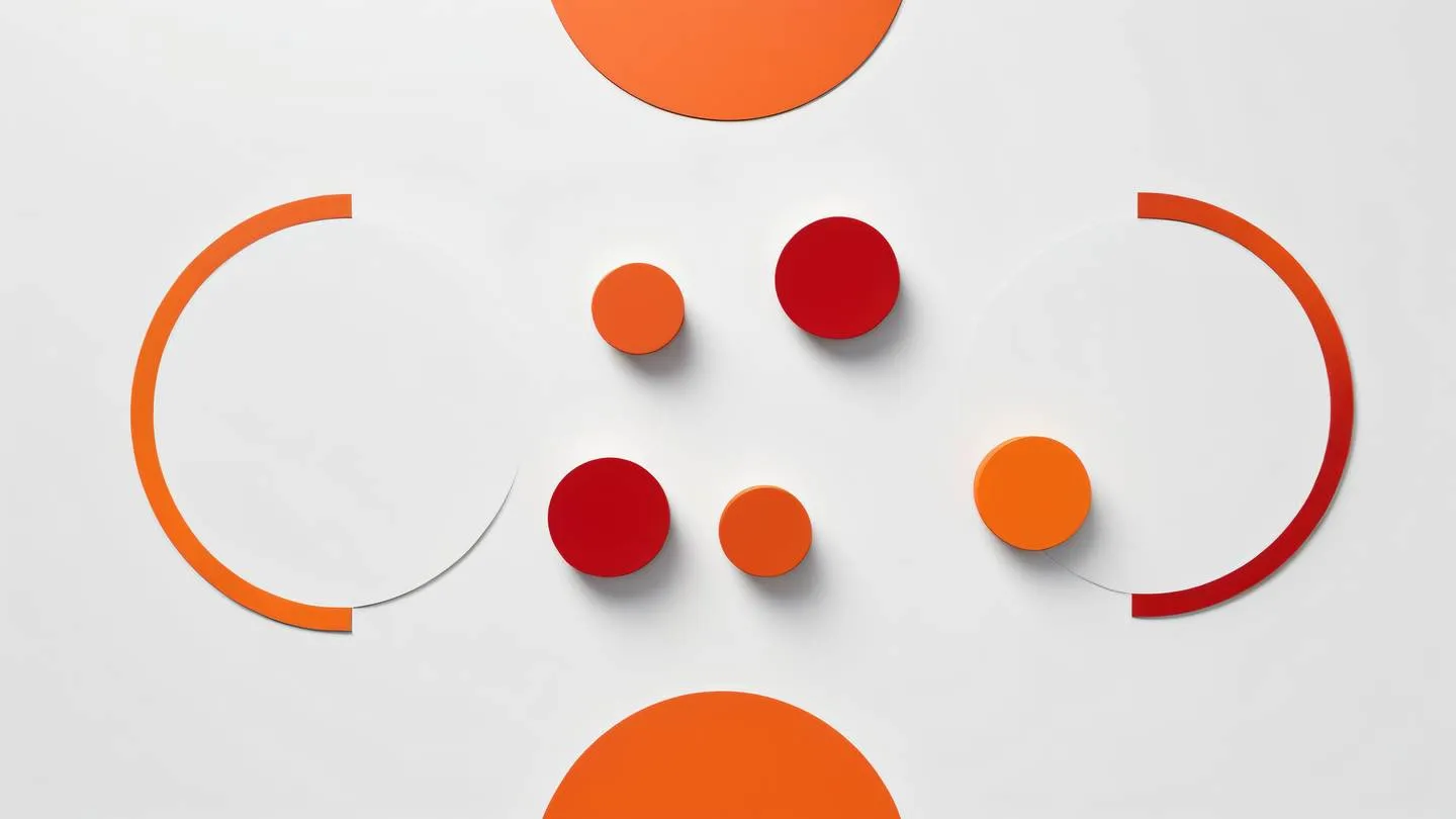 A minimalist abstract composition showing geometric shapes like circles and rectangles interconnecting and overlapping representing testing and validation concepts using bold orange and blood red colors with sharp contrasts against a clean white background shot from straight above perspective high-quality ultra-realistic cinematic 8K UHD high resolution sharp and detail