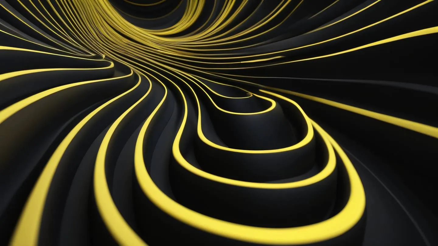 Abstract flowing lines forming a continuous path through space representing a seamless testing workflow using canary yellow and gradients of off-black captured from a low angle perspective with upward movement high-quality ultra-realistic cinematic 8K UHD high resolution sharp and detail