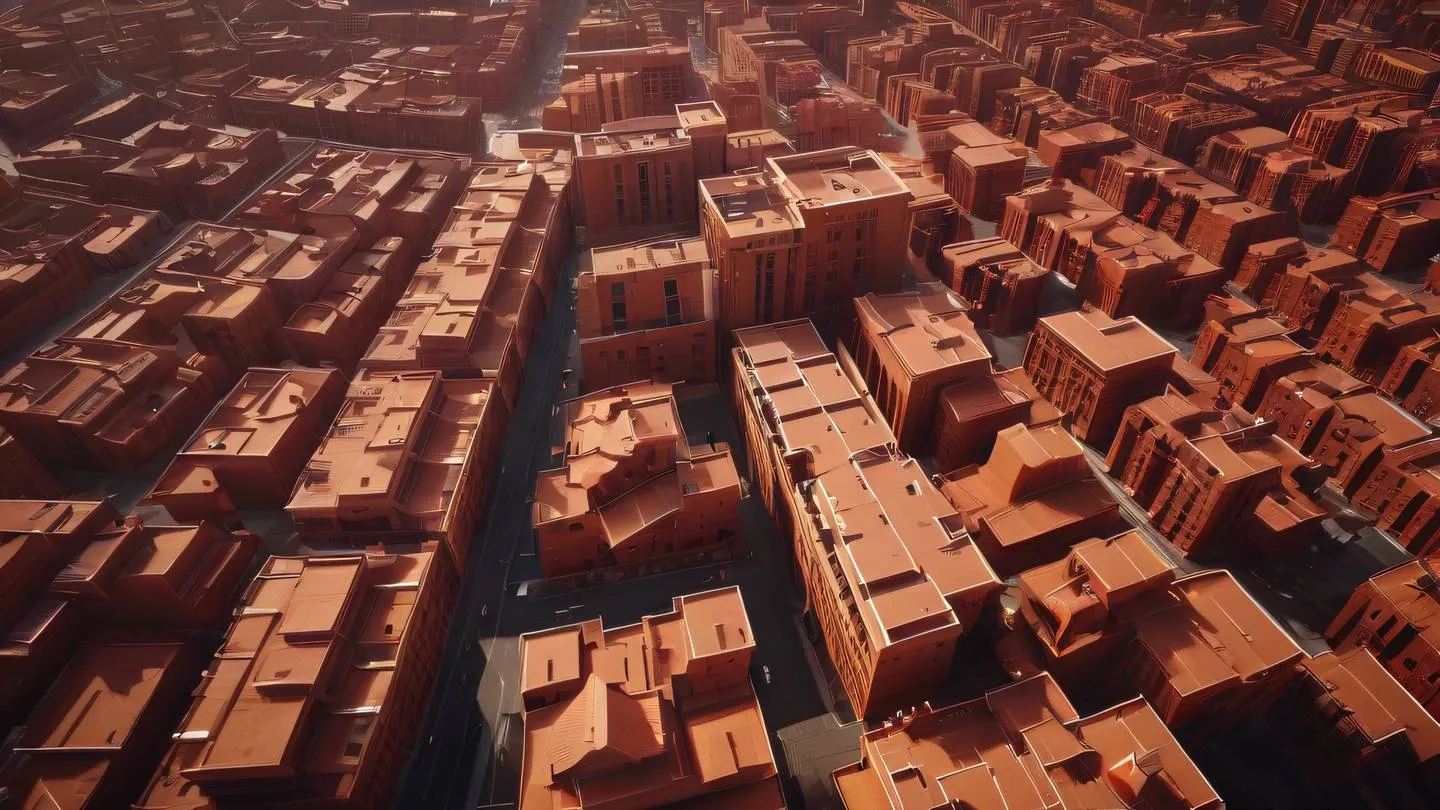 Abstract architectural forms creating a sense of completion and harmony using perfect red and ochre colors with dynamic lighting captured from a bird's eye view perspective high-quality ultra-realistic cinematic 8K UHD high resolution sharp and detail