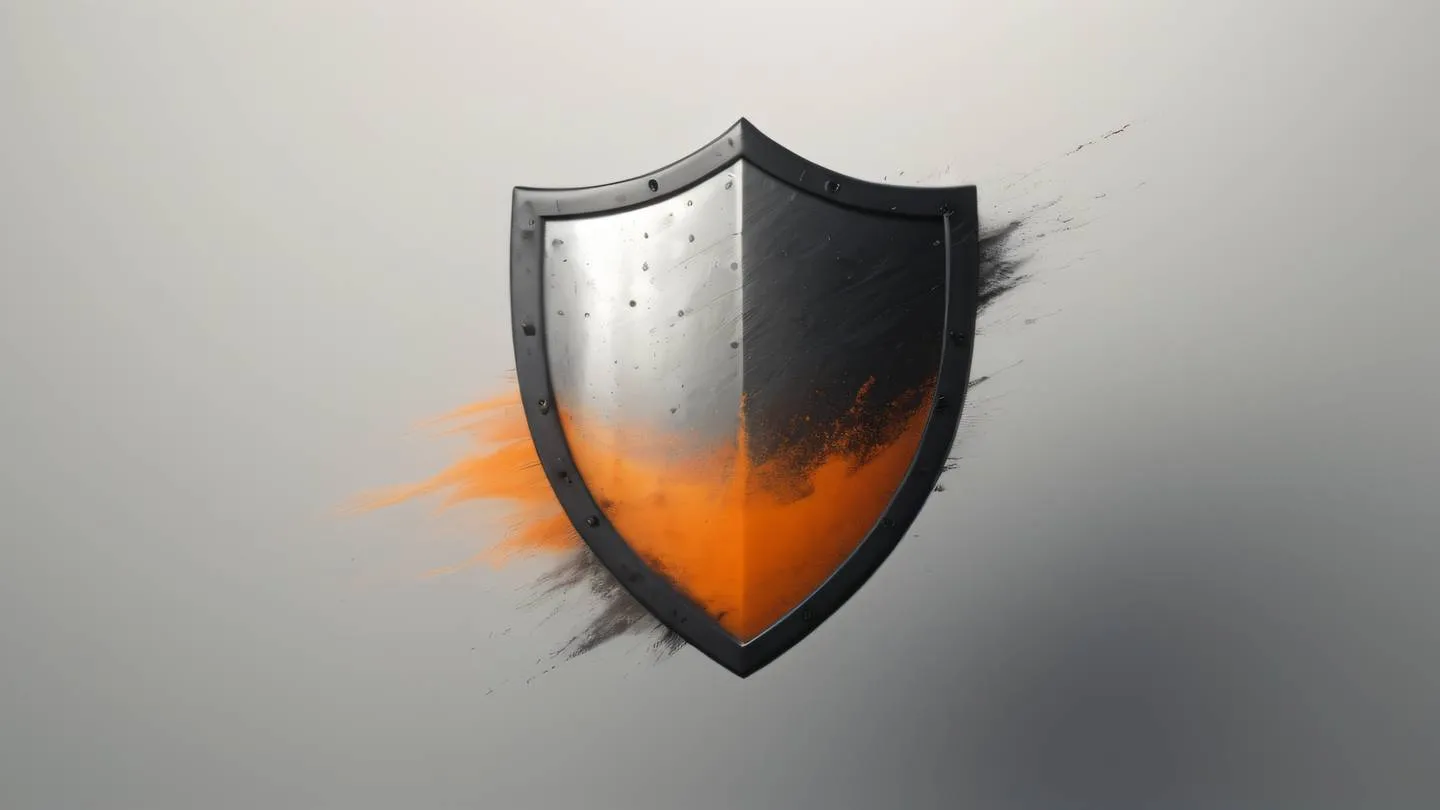 A minimalist abstract representation of a shield or protective barrier made with flowing brush strokes featuring dominant October mist and orange colors with black accents viewed from a slightly elevated front angle high-quality ultra-realistic cinematic 8K UHD high resolution sharp and detail