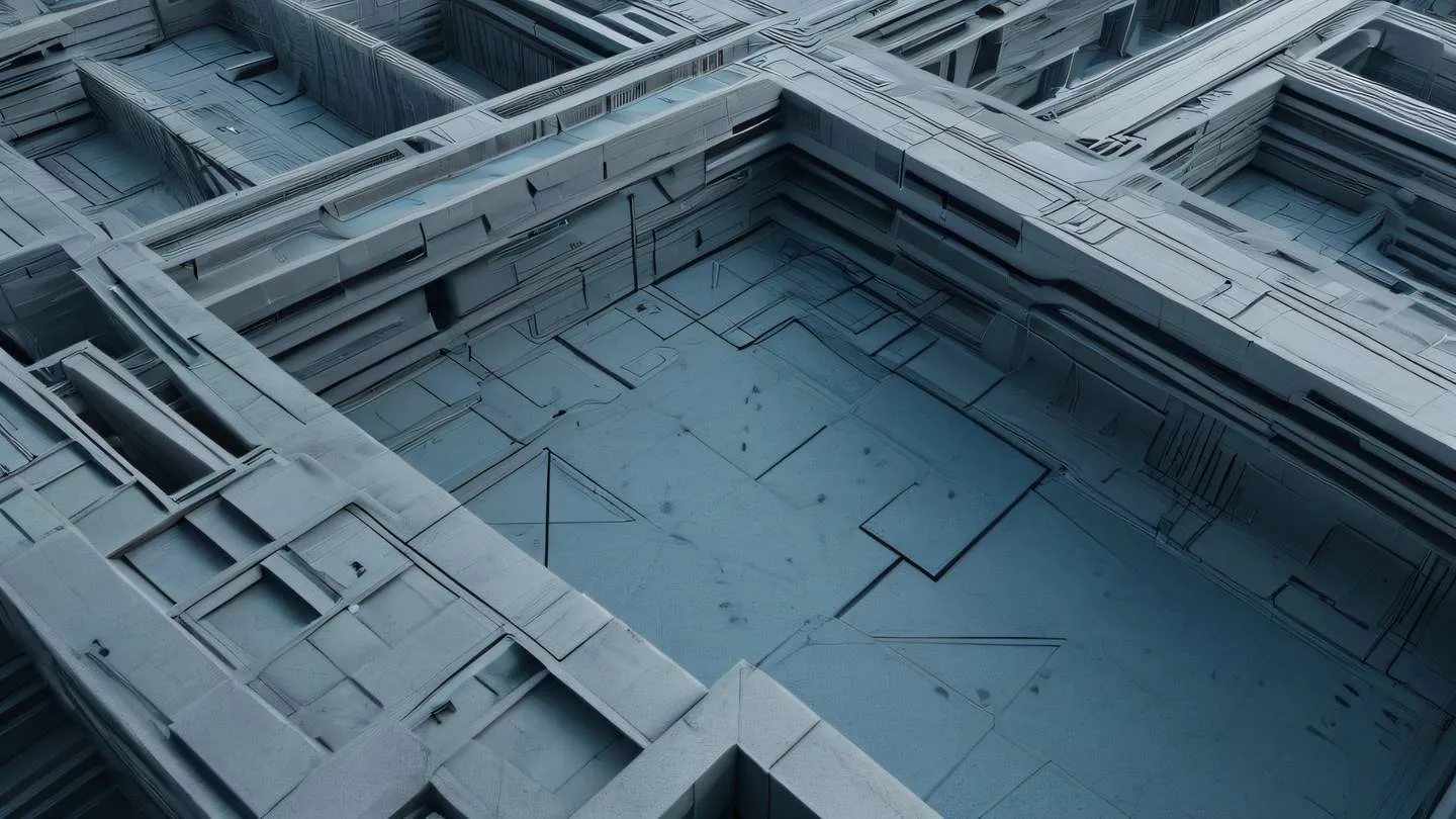 A geometric pattern of interconnected shapes suggesting data flow or system architecture rendered in dusty blue and concrete colors with black highlights shot from a dynamic 45-degree angle high-quality ultra-realistic cinematic 8K UHD high resolution sharp and detail