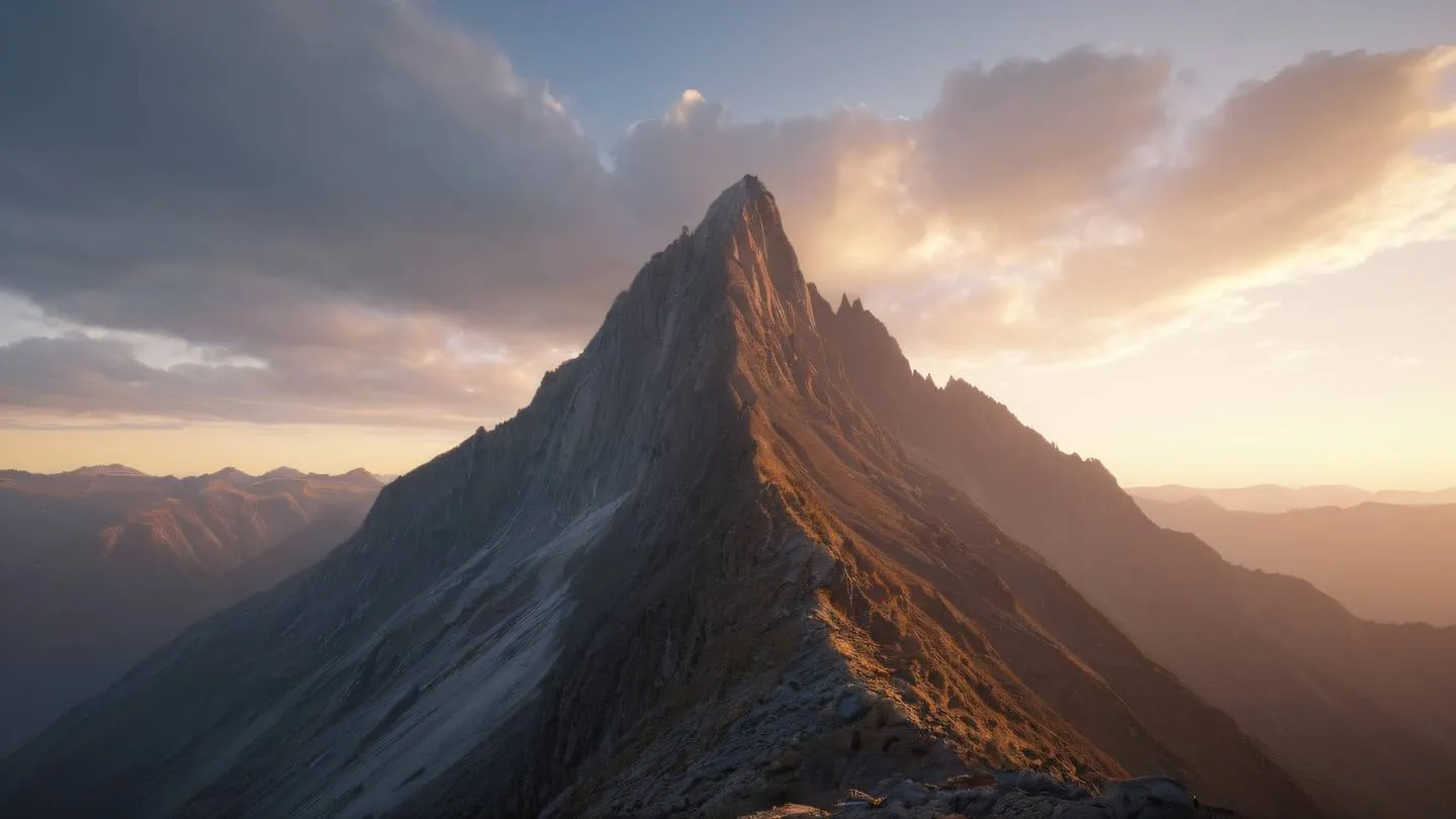 A majestic mountain peak during sunrise illuminated by golden light featuring stone-colored rocky cliffs and scattered white clouds shot from a low angle perspective high-quality ultra-realistic cinematic 8K UHD high resolution sharp and detail