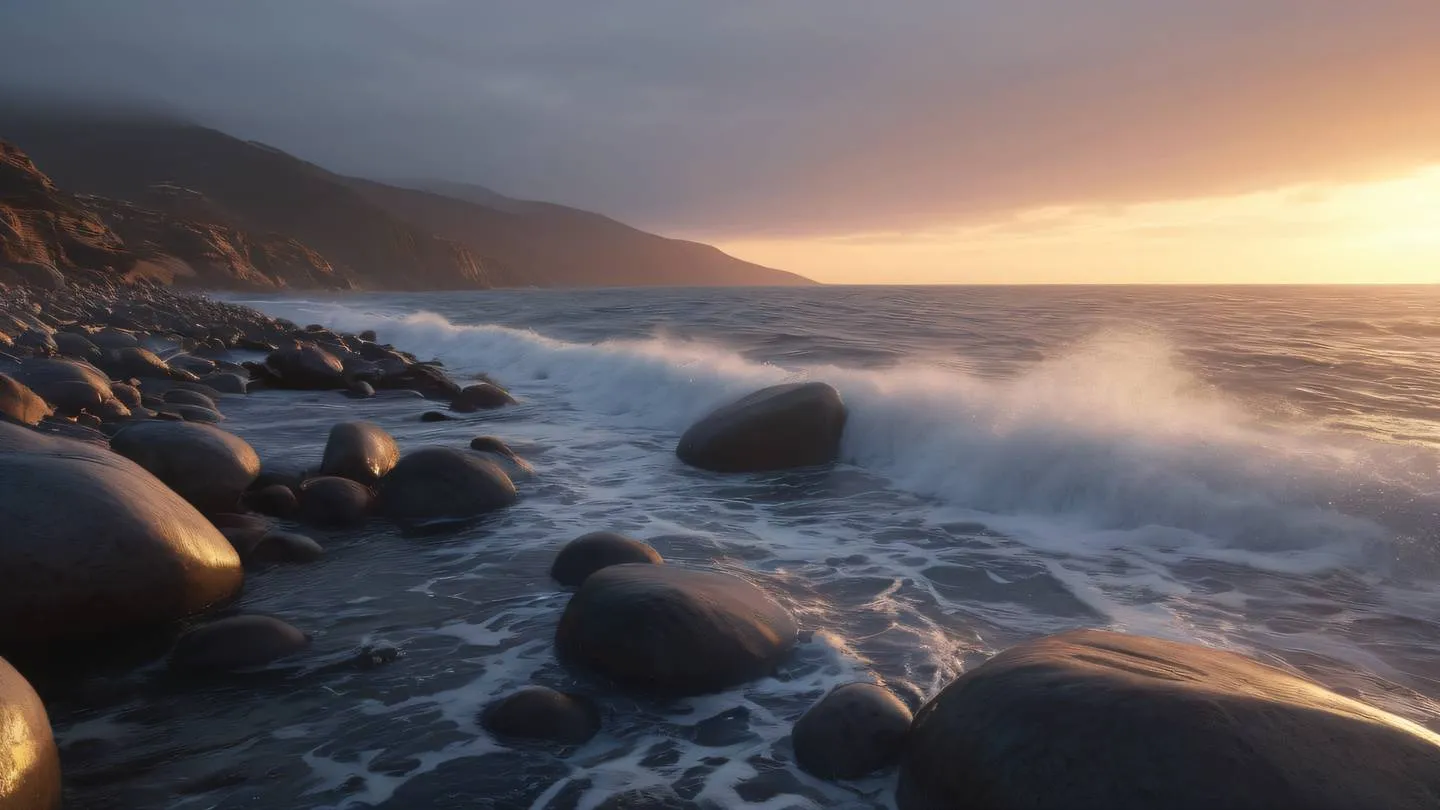 Gentle waves washing over zinc-colored rocks at sunset with sea spray creating a misty atmosphere captured from a side angle with slight elevation high-quality ultra-realistic cinematic 8K UHD high resolution sharp and detail