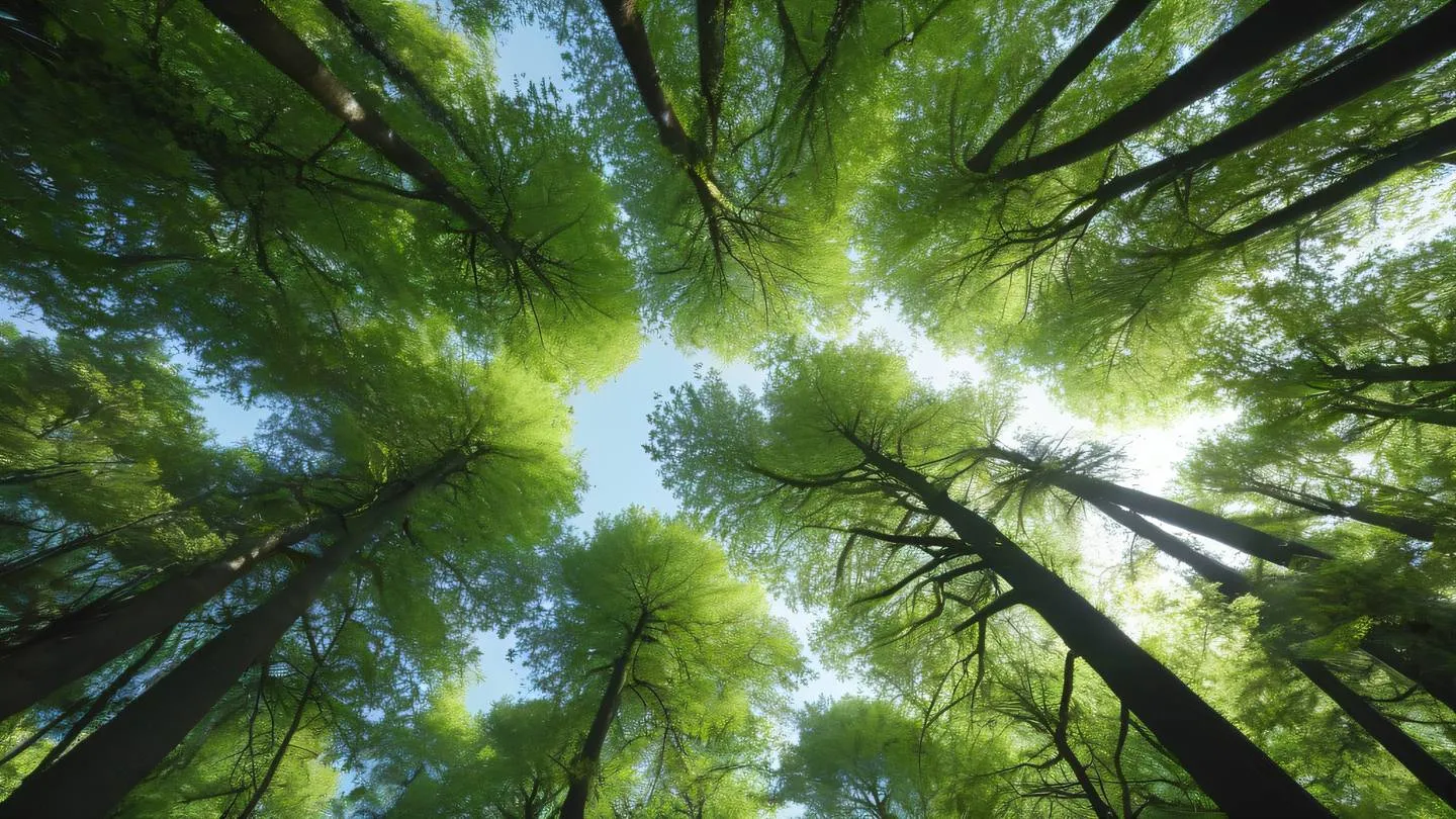 Bright sage green forest canopy with sunlight streaming through branches creating a natural pattern of light and shadow photographed from below looking upward high-quality ultra-realistic cinematic 8K UHD high resolution sharp and detail