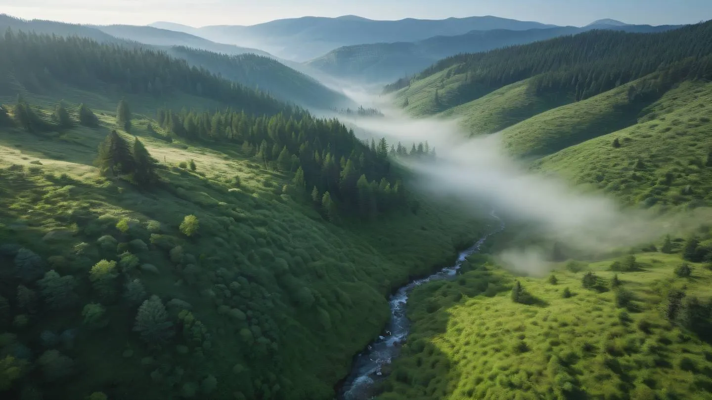 A peaceful pine green valley with morning fog rolling through dotted with natural rock formations and wild grass photographed from a drone perspective looking down high-quality ultra-realistic cinematic 8K UHD high resolution sharp and detail