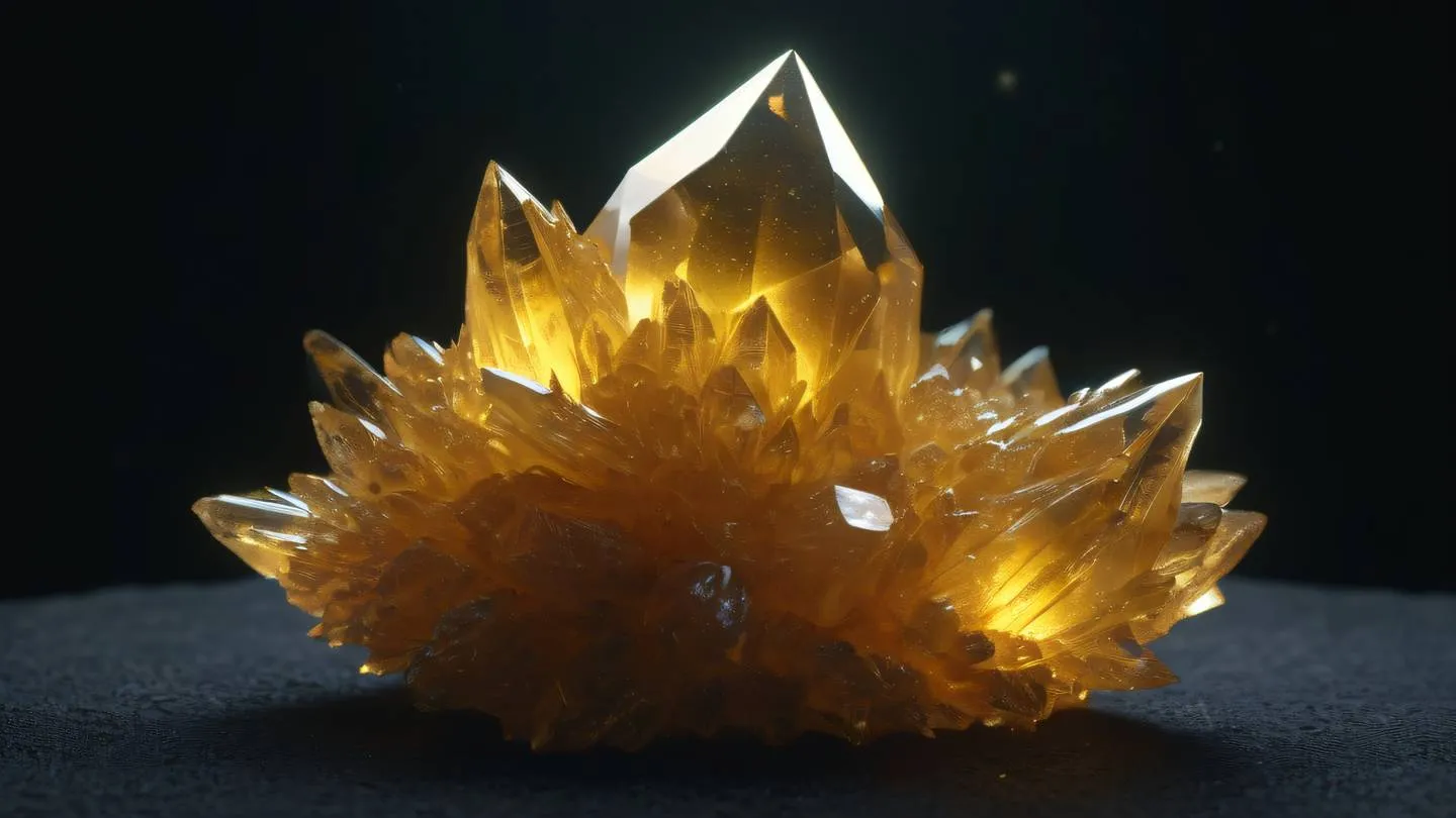 A glowing crystal formation emerging from dark background with bright iridescent and butterscotch yellow colors intertwining captured from low angle perspective high-quality ultra-realistic cinematic 8K UHD high resolution sharp and detail