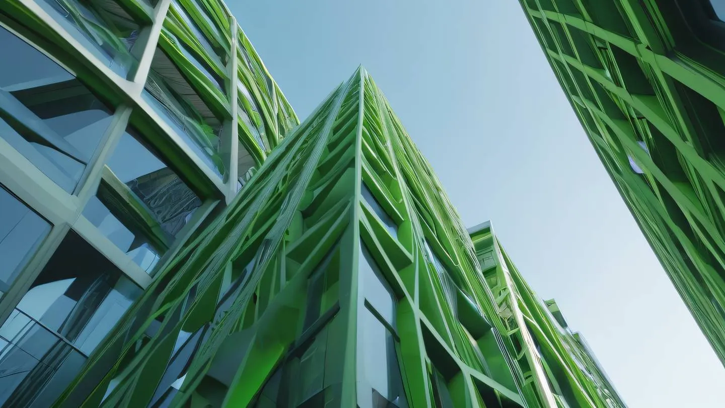 Modern geometric architecture with clean lines and sharp angles dominated by bright green and silver tones shot from an upward angle against clear sky high-quality ultra-realistic cinematic 8K UHD high resolution sharp and detail