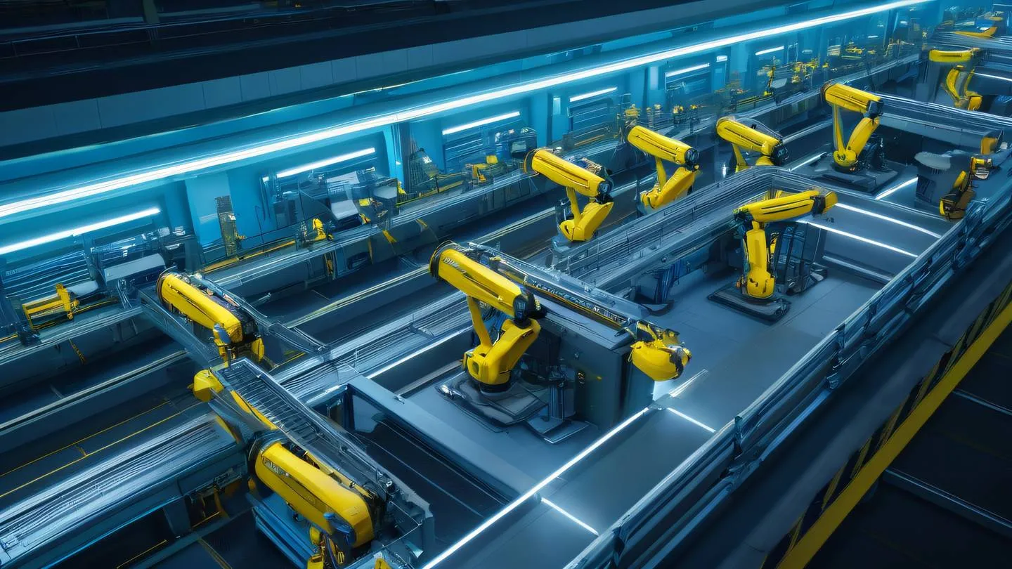 A futuristic automated factory assembly line with robotic arms and conveyor belts bathed in bright neon blue and yellow lighting. Shot from a high angle perspective showing the systematic flow. Ultra-realistic cinematic 8K UHD high resolution sharp and detailed