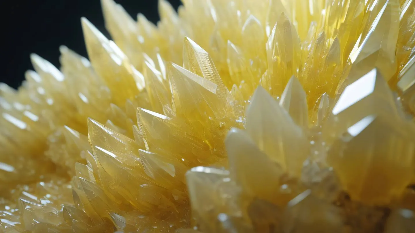 A crystal formation growing in a structured pattern illuminated with bright yellow and off-white colors creating a sense of growth and progression. Photographed from a low angle looking up. High-quality ultra-realistic cinematic 8K UHD high resolution sharp and detail