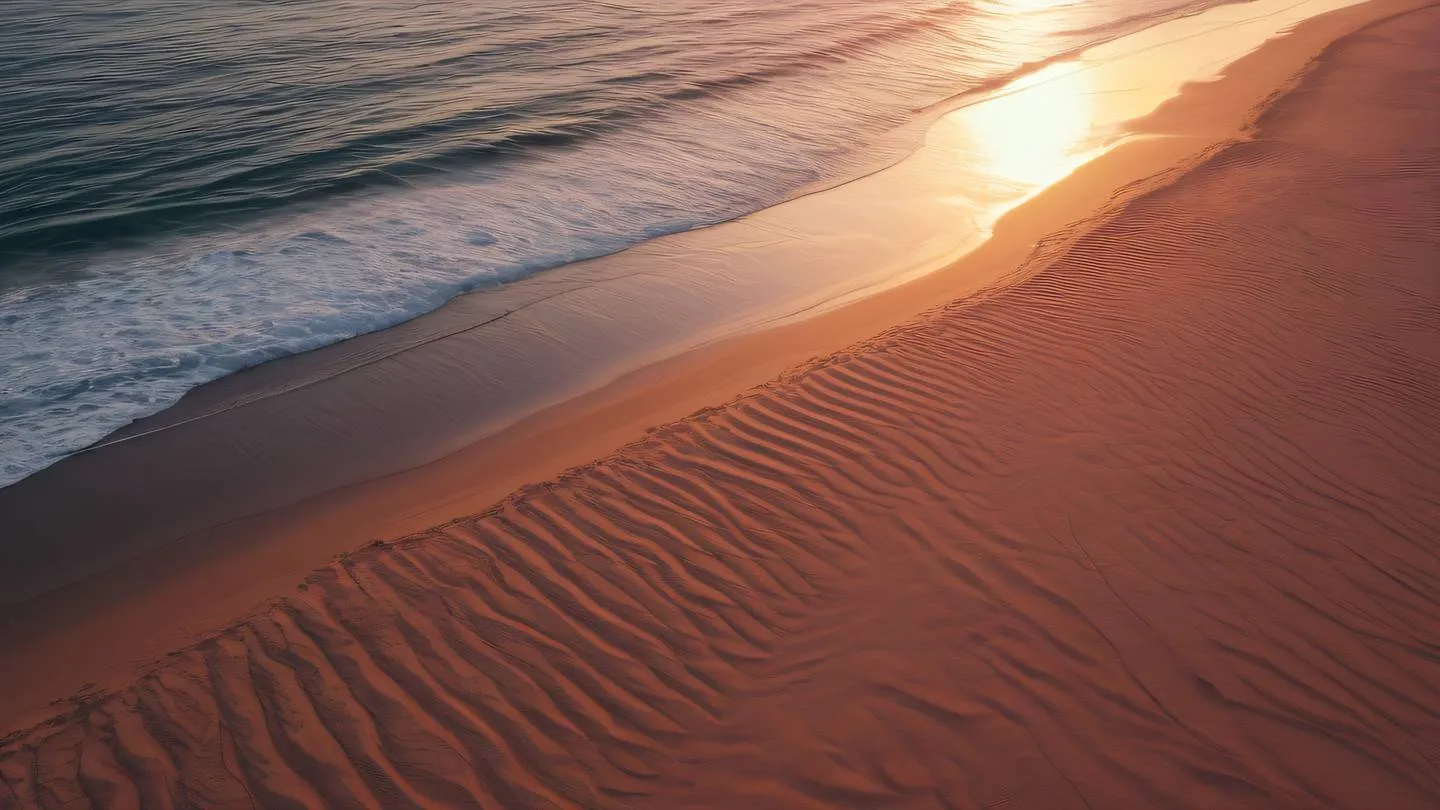 A serene beach landscape at sunset with structured sand patterns featuring warm grapeseed and perfect red colors reflecting off the water surface. Captured from a bird's eye view perspective. High-quality ultra-realistic cinematic 8K UHD high resolution sharp and detail