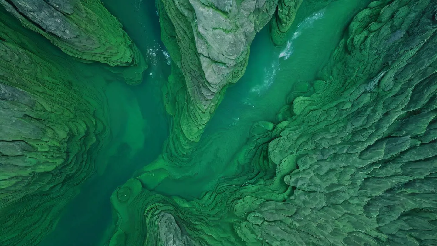 A serene abstract representation of time and patience featuring flowing water streams in bright emerald green and natural stone formations captured from a top-down aerial perspective high-quality ultra-realistic cinematic 8K UHD high resolution sharp and detail