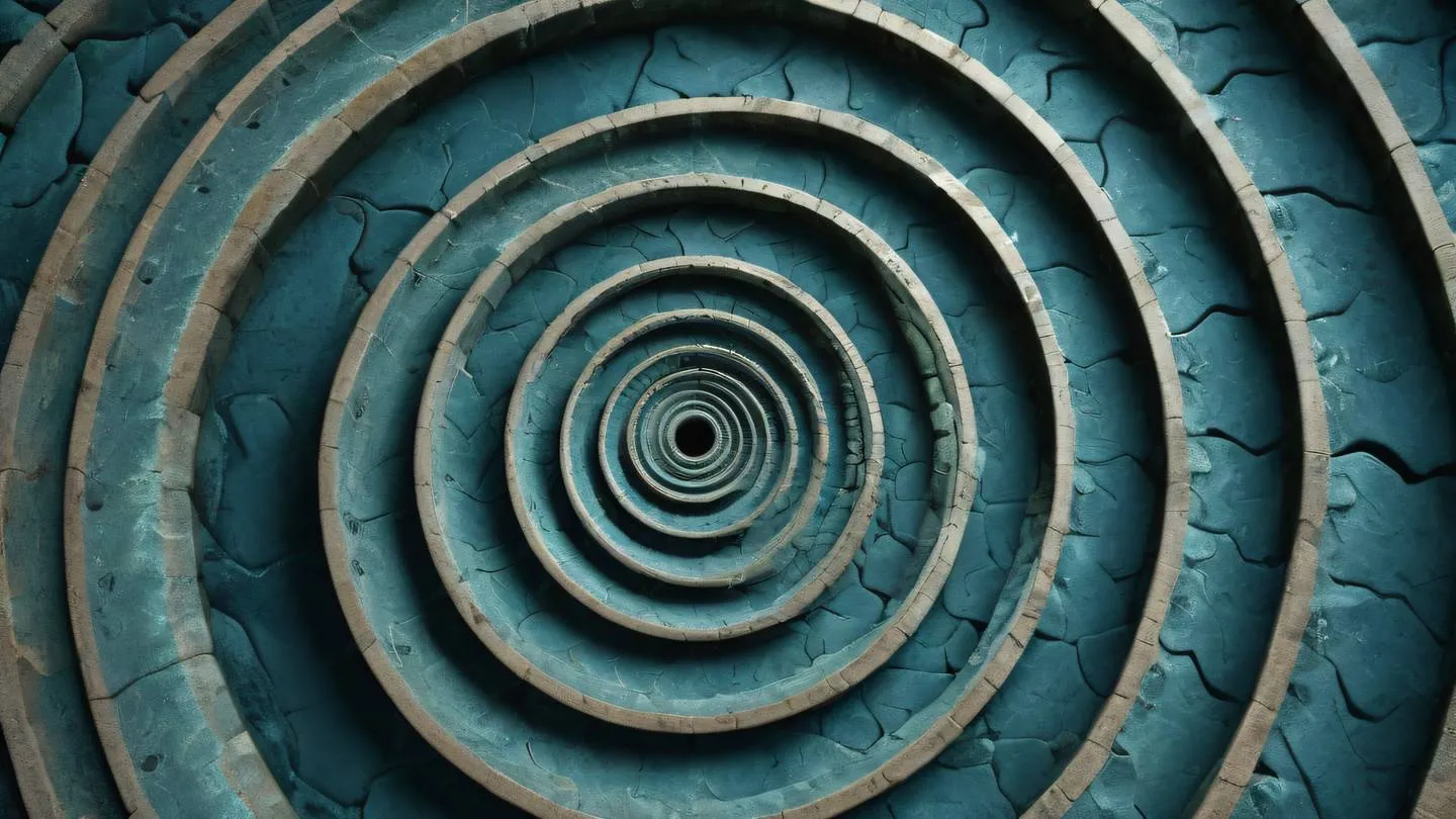 An abstract spiral pattern resembling clock gears in stone blue and seaweed colors shot from a 45-degree angle with natural lighting high-quality ultra-realistic cinematic 8K UHD high resolution sharp and detail