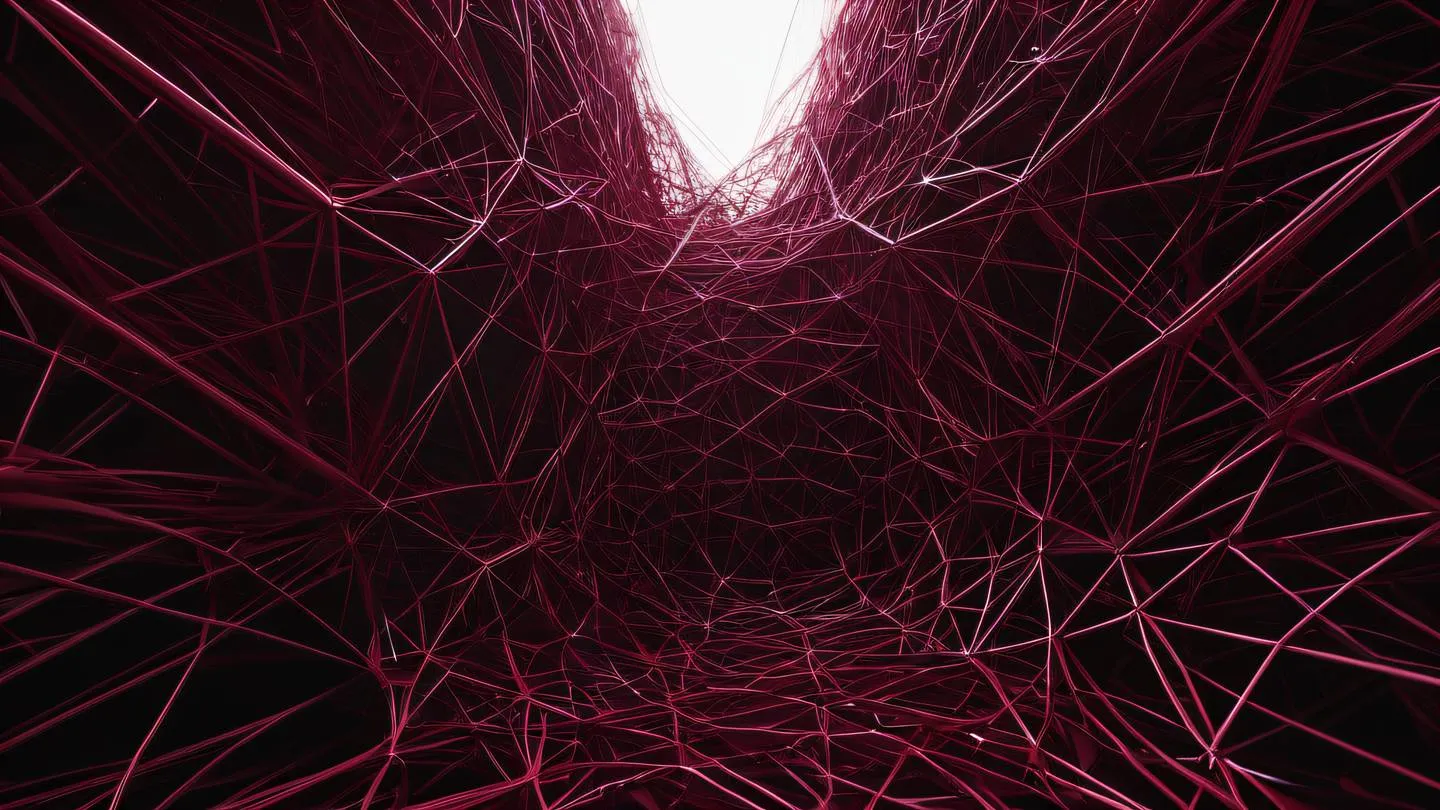 Interconnected geometric shapes representing network connections in bright maroon and black colors photographed from a dramatic low angle perspective high-quality ultra-realistic cinematic 8K UHD high resolution sharp and detail