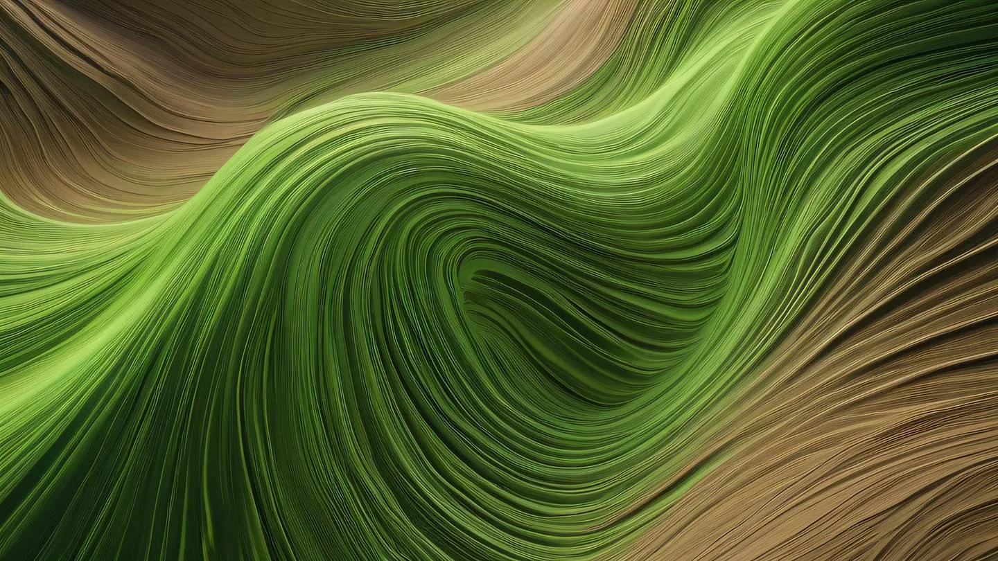 A dynamic abstract composition of flowing lines and curves in natural earth tones and bright green creating a sense of movement and energy captured from a bird's eye view high-quality ultra-realistic cinematic 8K UHD high resolution sharp and detail