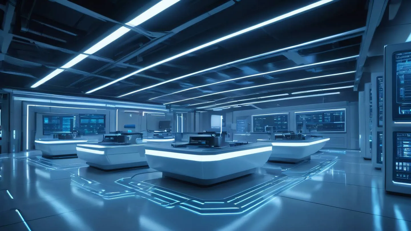 A futuristic tech laboratory with glowing blue circuit patterns on white surfaces floating holographic displays showing data streams shot from a low angle perspective with dramatic lighting high-quality ultra-realistic cinematic 8K UHD high resolution sharp and detail