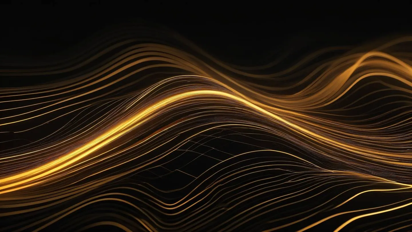 Abstract flowing patterns of gold and orange light streams against deep black background resembling data visualization captured from straight above view high-quality ultra-realistic cinematic 8K UHD high resolution sharp and detail