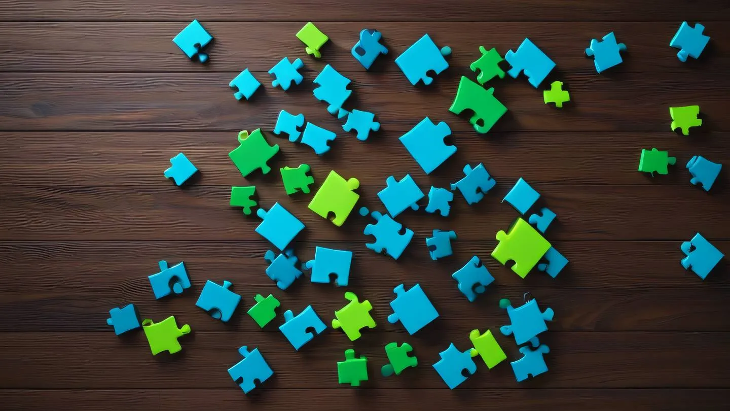 Abstract geometric shapes representing puzzle pieces fitting together perfectly featuring bright neon blue and electric green colors against a deep walnut background captured from a top-down perspective high-quality ultra-realistic cinematic 8K UHD high resolution sharp and detail