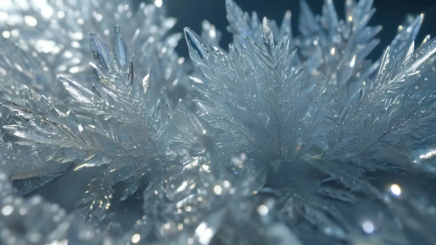 Frozen ice crystals forming intricate patterns on glass with bright holographic reflections showing golden and silver tones macro lens close-up perspective high-quality ultra-realistic cinematic 8K UHD high resolution sharp and detail