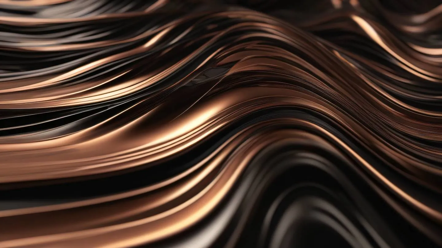 Flowing liquid metal in iron and copper tones creating dynamic wave patterns against a black background captured from a diagonal perspective high-quality ultra-realistic cinematic 8K UHD high resolution sharp and detail