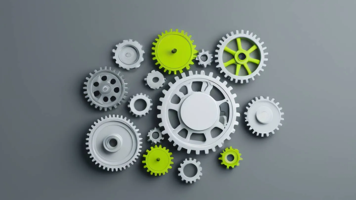 A minimalist abstract representation of gears and mechanical components interacting with each other featuring bright lime and white colors on a clean grey background shot from a top-down perspective high-quality ultra-realistic cinematic 8K UHD high resolution sharp and detail