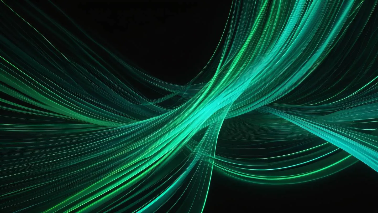 Abstract flowing data streams visualized as interweaving ribbons in bright green and turquoise against a dark background captured from a dynamic diagonal angle high-quality ultra-realistic cinematic 8K UHD high resolution sharp and detail