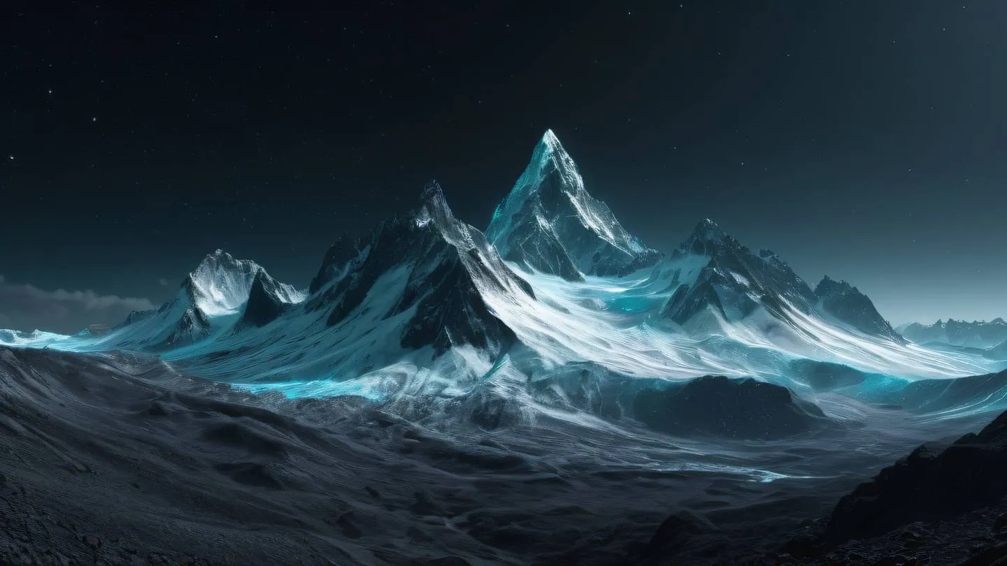 A serene mountain landscape with flowing digital particles featuring bright cyan and white colors against a dark grey backdrop captured from a wide panoramic angle high-quality ultra-realistic cinematic 8K UHD high resolution sharp and detail