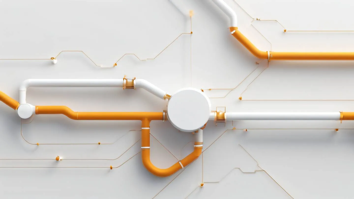 A modern minimalist continuous integration pipeline visualization with flowing geometric shapes and interconnected nodes in white and amber colors captured from a top-down perspective high-quality ultra-realistic cinematic 8K UHD high resolution sharp and detail