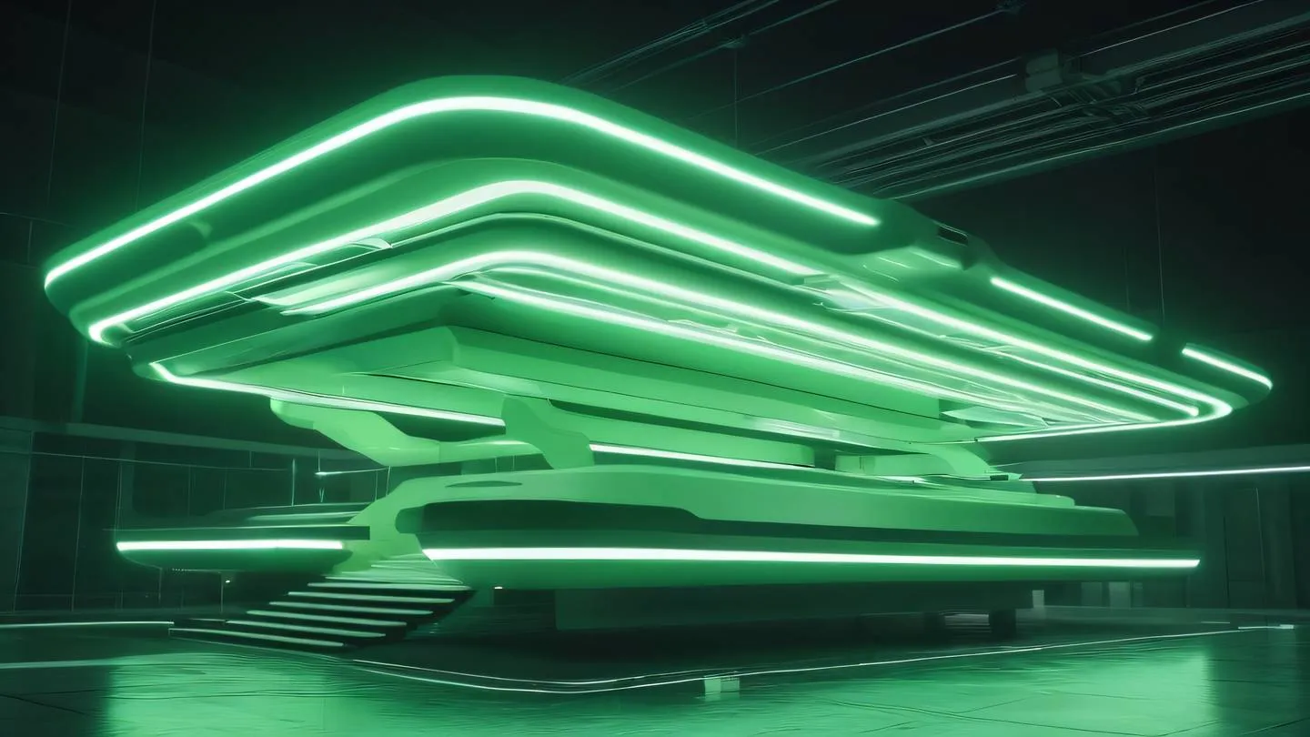 Abstract architectural structure with floating platforms and light beams in neon green and off-white colors photographed from a low angle perspective high-quality ultra-realistic cinematic 8K UHD high resolution sharp and detail