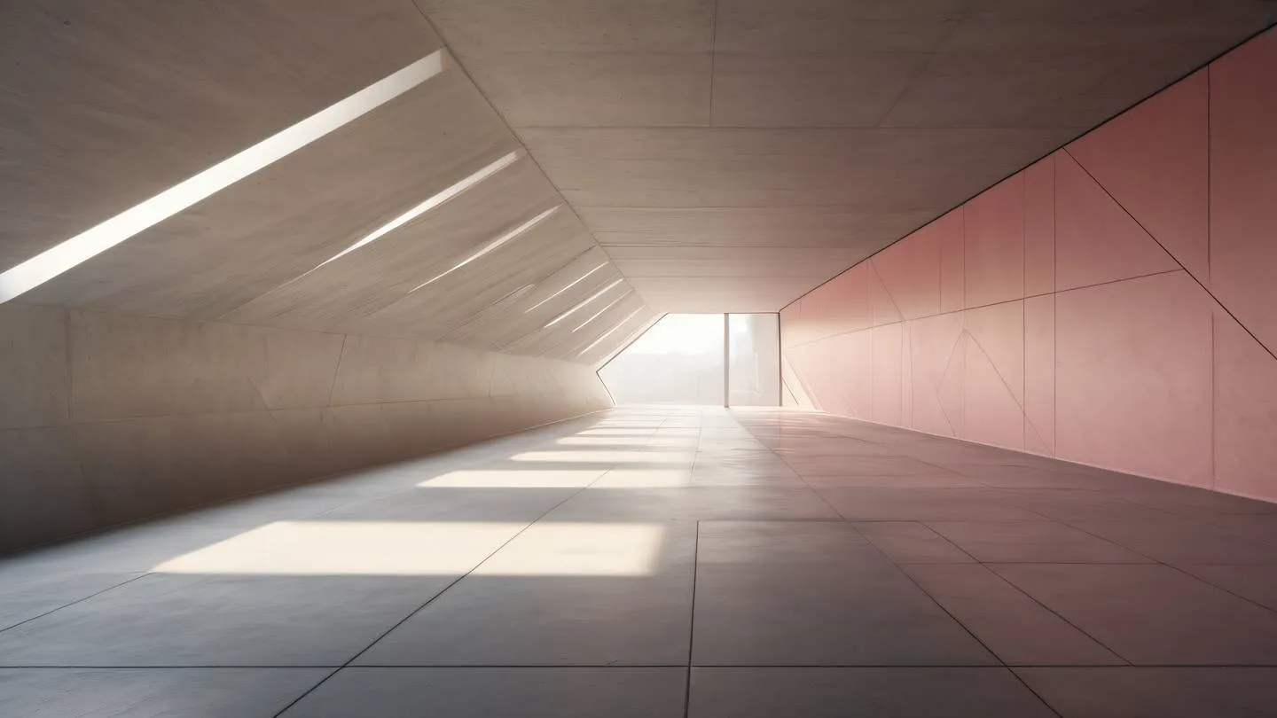 Modern concrete interior space with geometric light patterns and shadows in creamy and rose colors shot from a diagonal perspective high-quality ultra-realistic cinematic 8K UHD high resolution sharp and detail