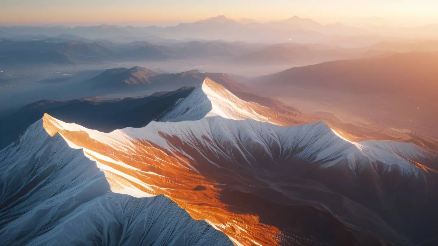 Ethereal landscape with layered geometric mountains and floating light particles in orange and white colors captured from a bird's eye perspective high-quality ultra-realistic cinematic 8K UHD high resolution sharp and detail