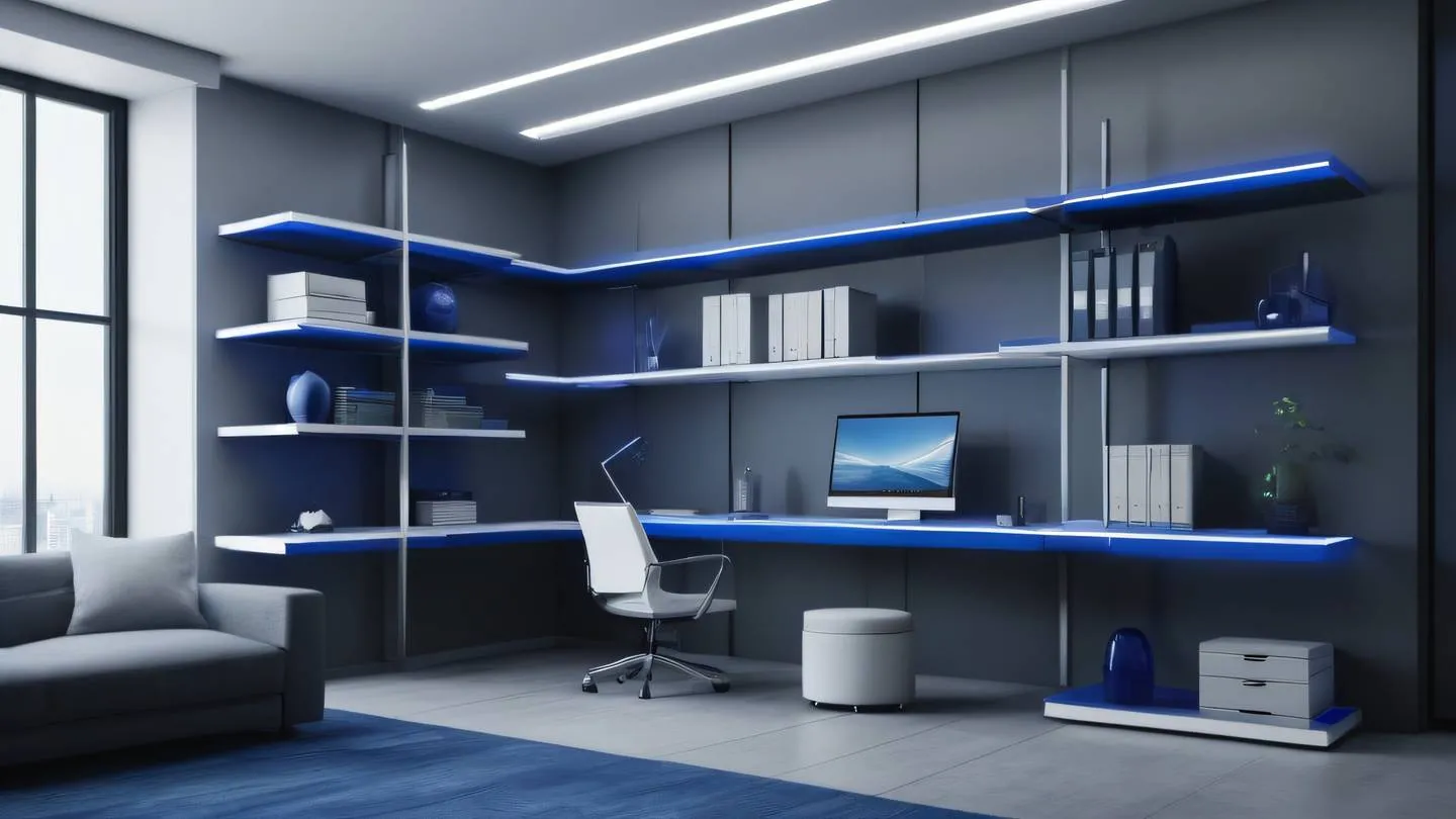 Modern minimal office workspace with sleek ergonomic furniture floating shelves with geometric patterns dominated by sapphire blue and gray tones clean lines and sharp angles shot from a low angle perspective high-quality ultra-realistic cinematic 8K UHD high resolution sharp and detail