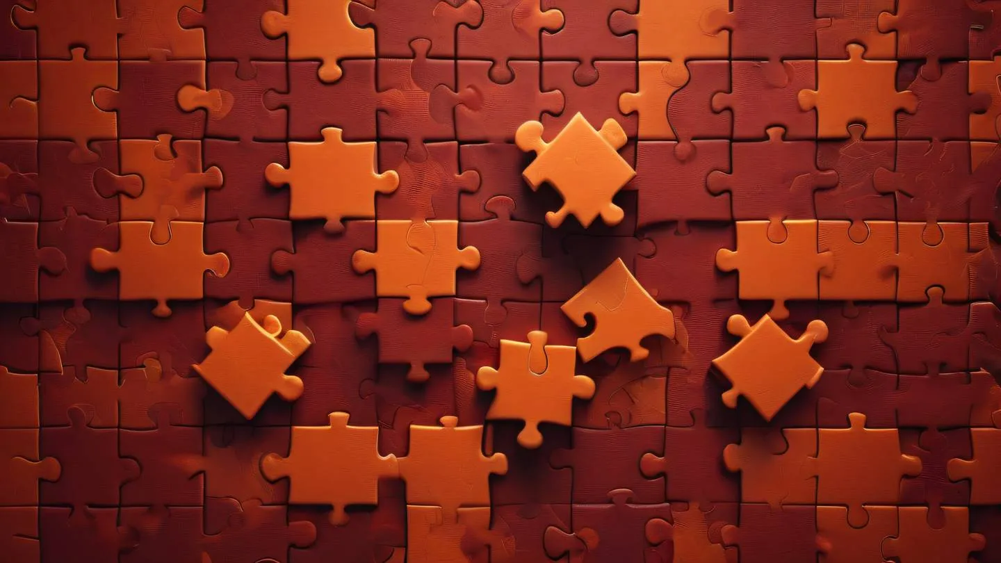 A geometric abstract representation of puzzle pieces perfectly fitting together featuring bold orange and blood red colors with intricate patterns suggesting connection and precision. Shot from top-down perspective high-quality ultra-realistic cinematic 8K UHD high resolution sharp and detail