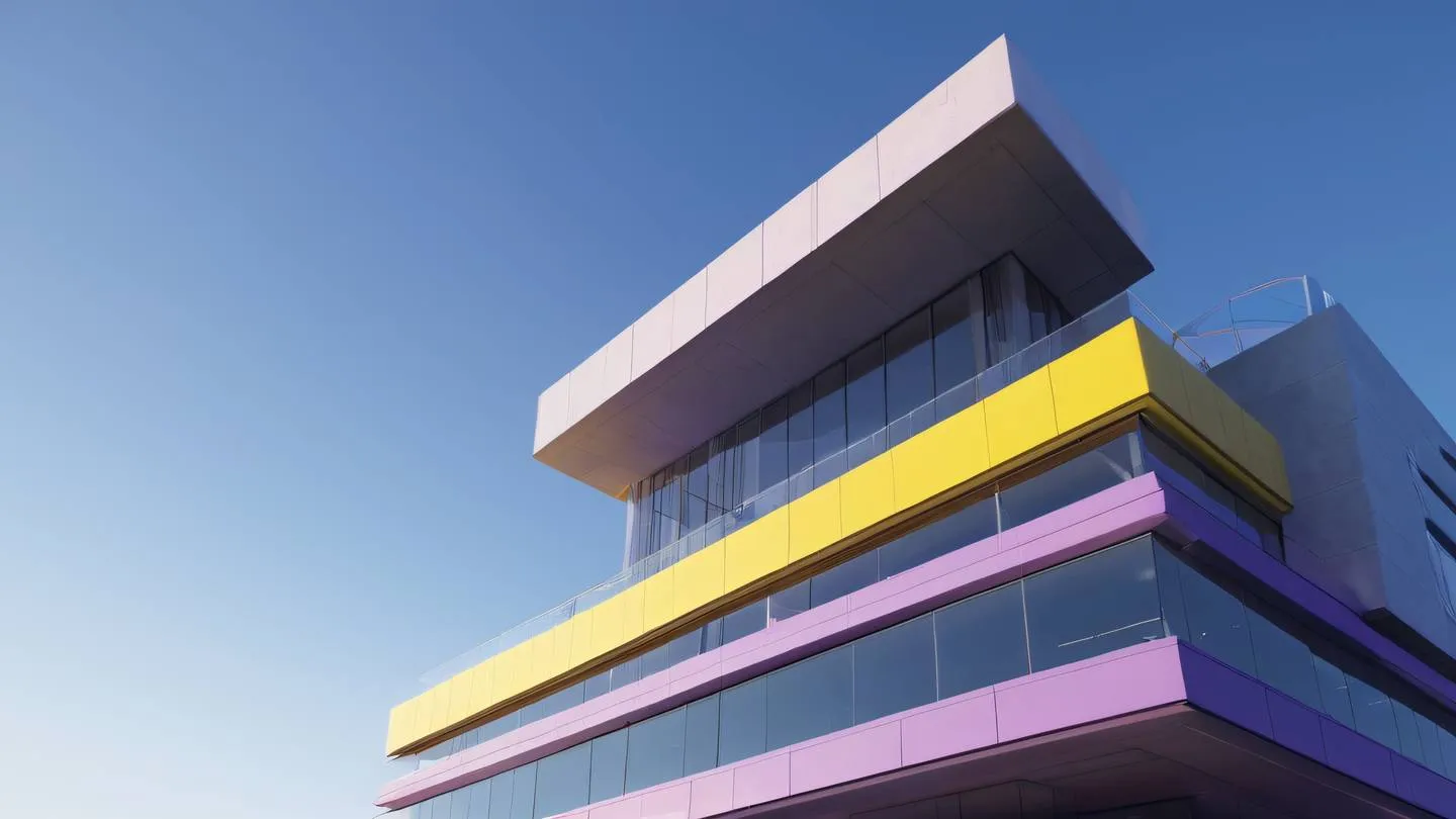 An abstract futuristic building with clean lines and floating geometric shapes featuring canary yellow and lilac gradient colors against a clear sky. Shot from a low angle perspective emphasizing the grandeur high-quality ultra-realistic cinematic 8K UHD high resolution sharp and detail