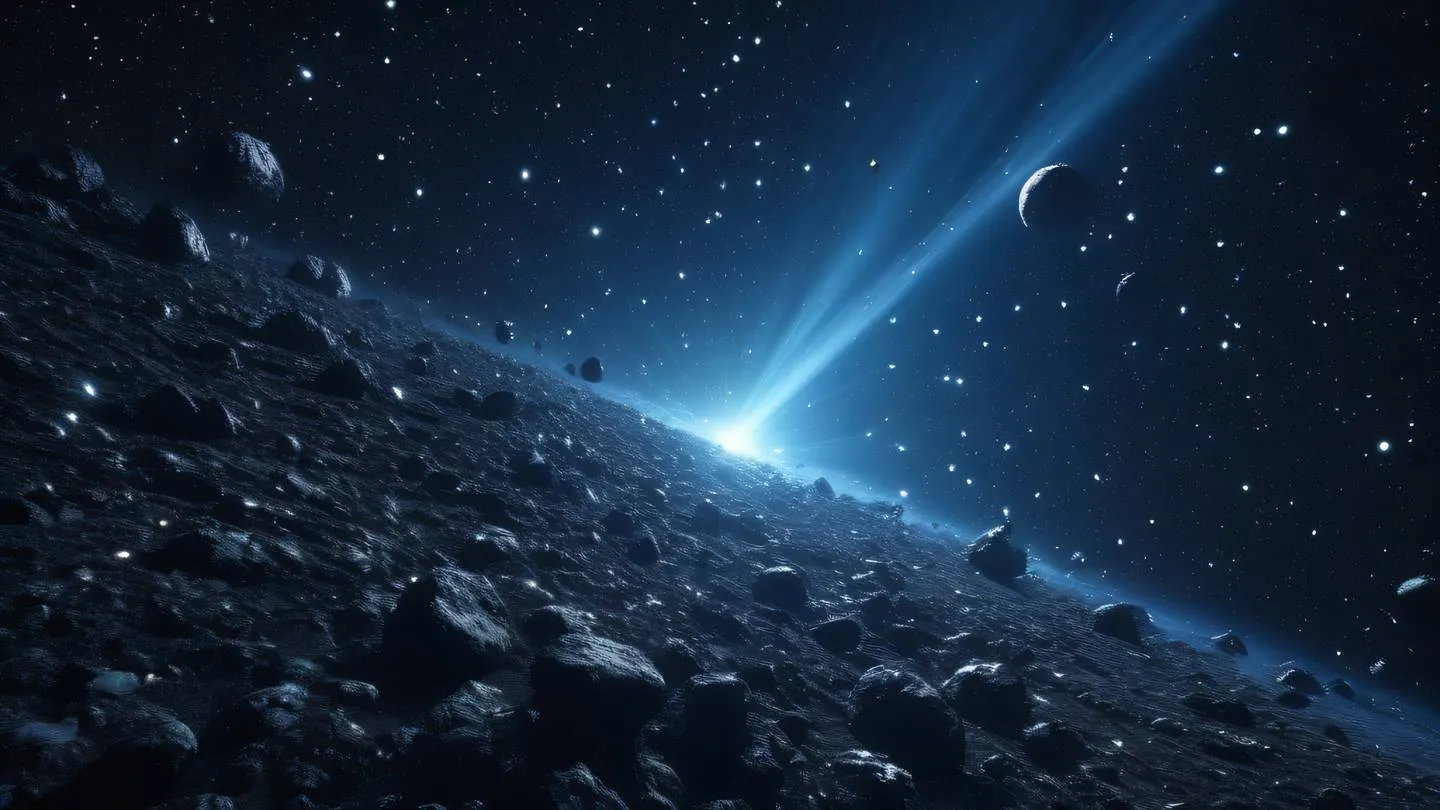 An abstract cosmic scene showing a bright metallic asteroid field floating in space illuminated by distant stars captured from a low-angle perspective looking upward into the vastness high-quality ultra-realistic cinematic 8K UHD high resolution sharp and detail