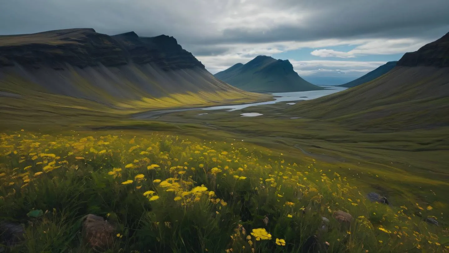 A serene Icelandic landscape with flowing yellow wildflowers in the foreground against stone-colored mountains dramatic clouds casting shadows shot from a drone perspective high-quality ultra-realistic cinematic 8K UHD high resolution sharp and detail