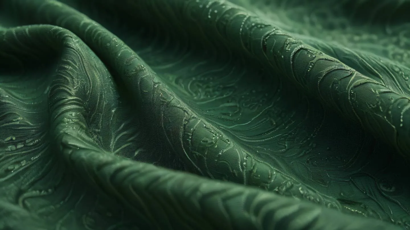 Rich textured wedding fabric with intricate seaweed green patterns flowing in gentle waves captured from a close-up macro perspective high-quality ultra-realistic cinematic 8K UHD high resolution sharp and detail